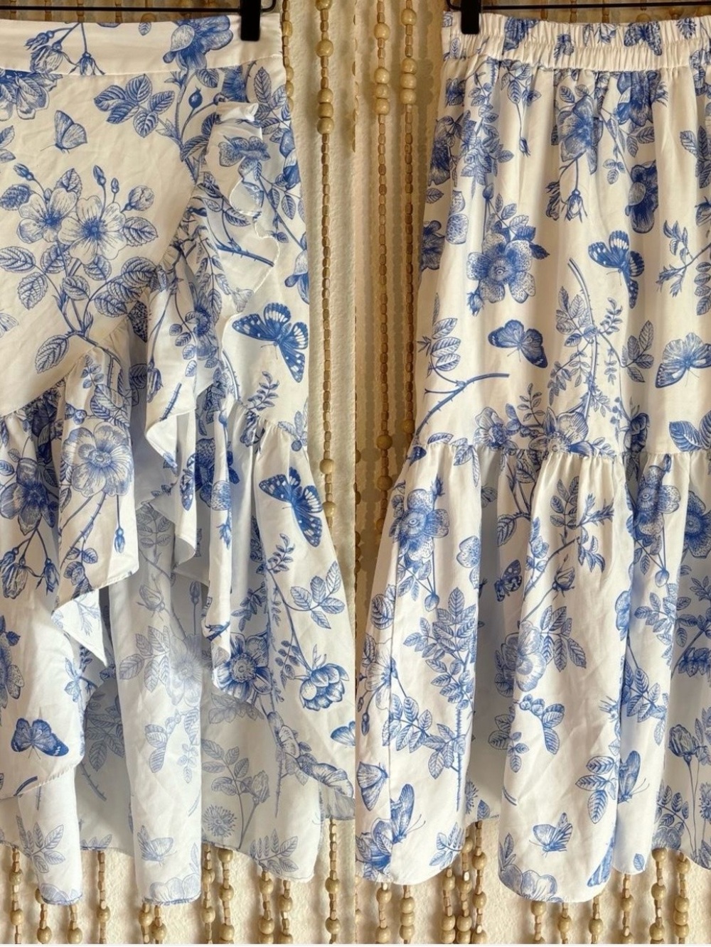 Blue Floral Tiered Midi Skirt - White & Blue